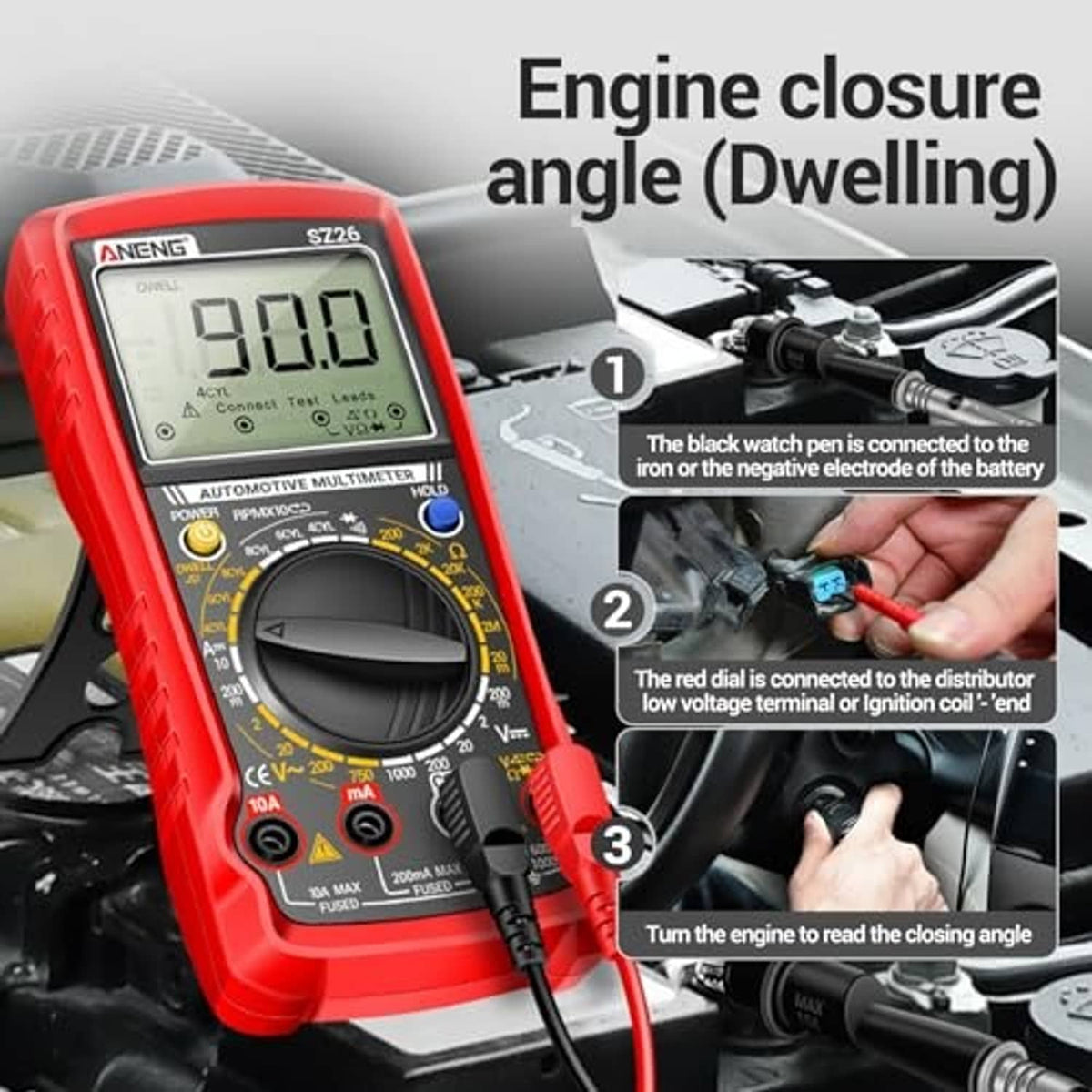 Red digital multimeter handheld with connected test leads near an engine ignition component