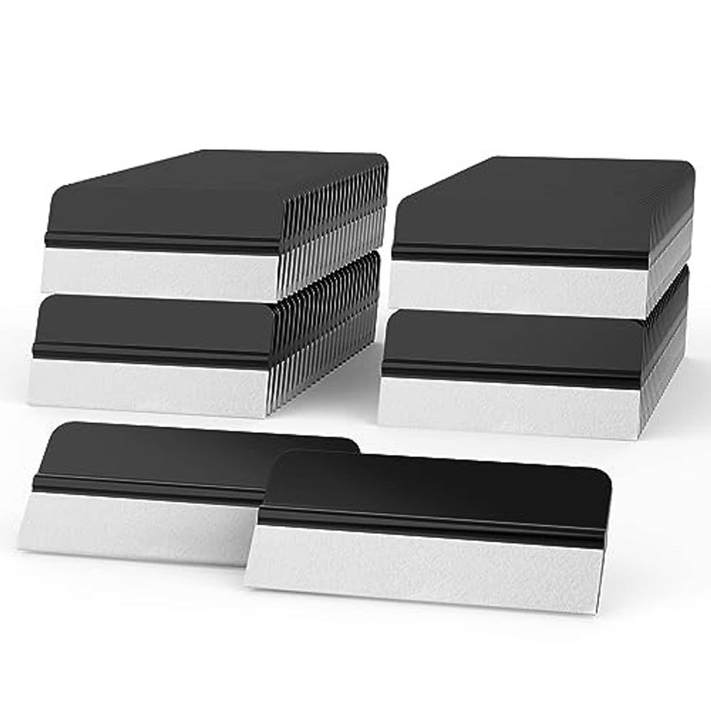 Stacked dark-black mini squeegee blades with white felt pads for window tint application