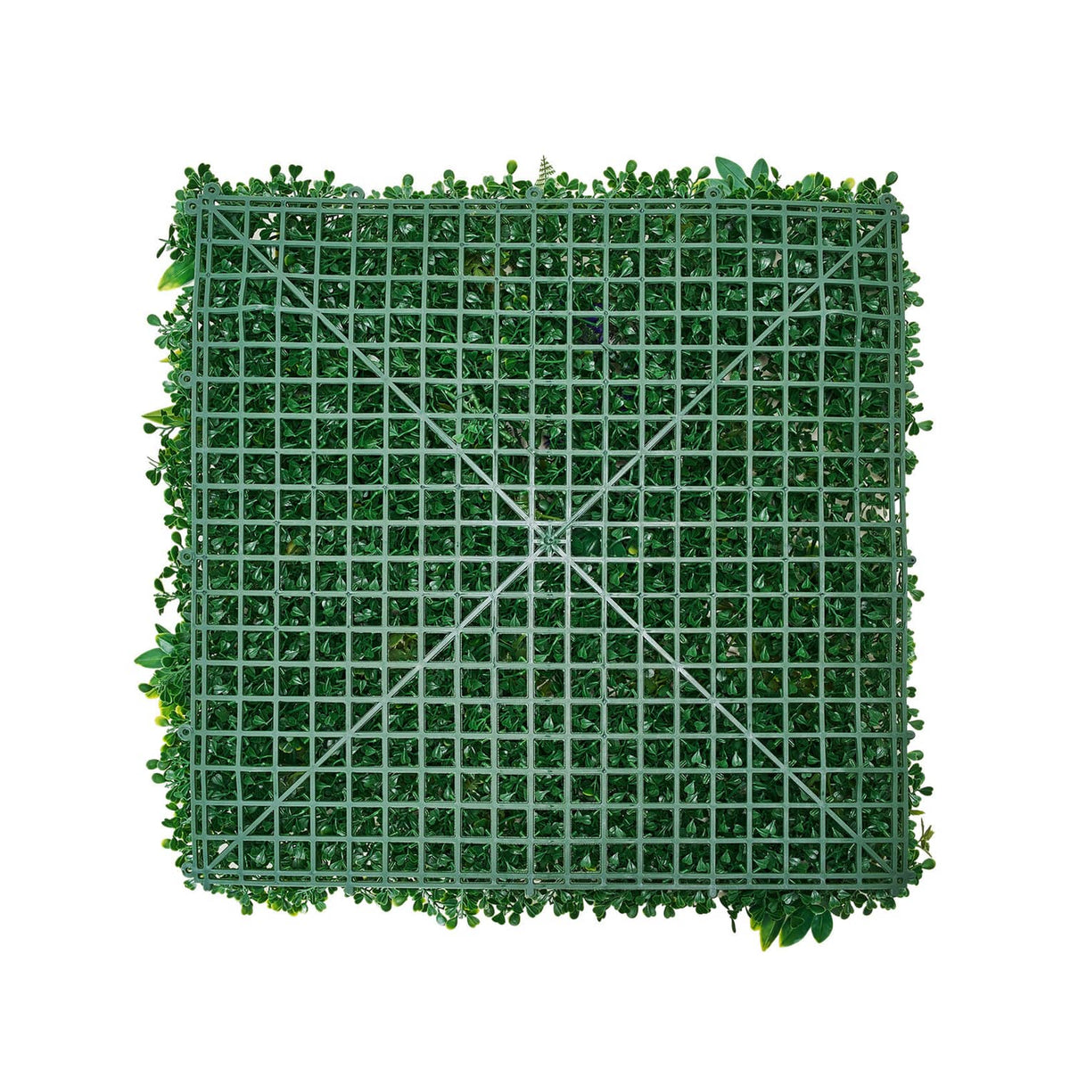 Artificial grass wall panel, square grid backing with dense dark green foliage