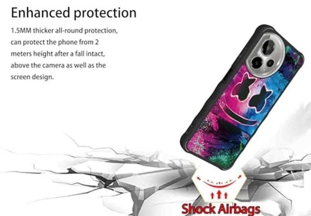 Rugged black phone case with graffiti artwork and shock-absorbing corner cushioning.