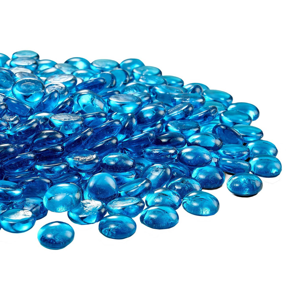 Close-up of Caribbean blue round fire pit glass beads with glossy reflective surfaces