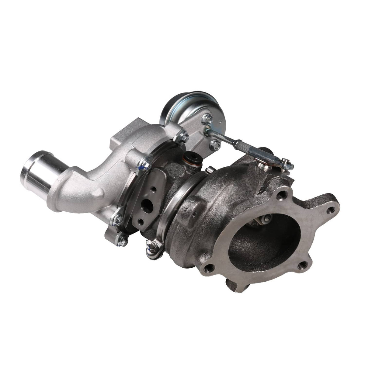 Turbocharger with inlet pipe, compressor housing, and black turbine housing