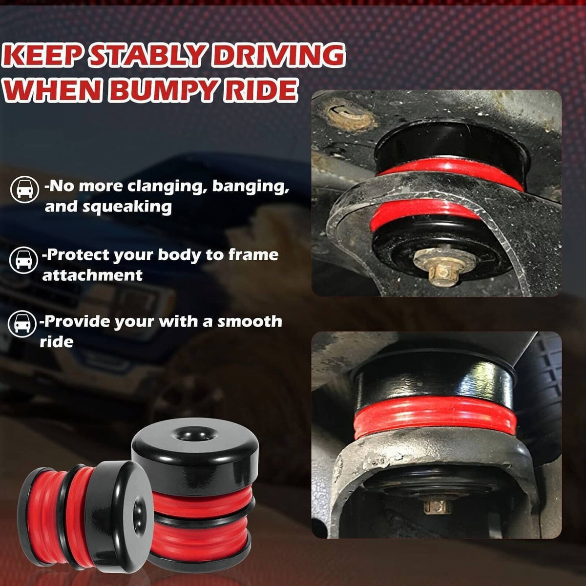 Body mount bushing for vehicle with red silicone sleeve and black steel cup