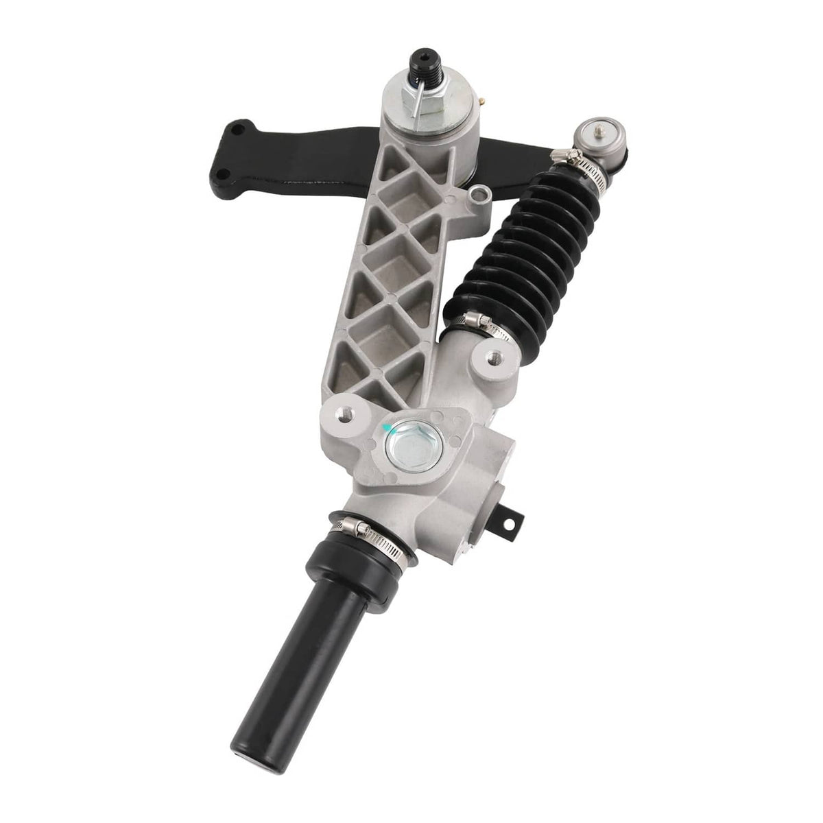 Steering gear box assembly with black rubber boot and metal mounting bracket