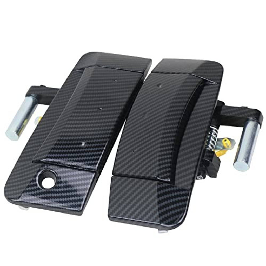 Pair of dark carbon-fiber exterior door handle covers with mounting hardware and rods