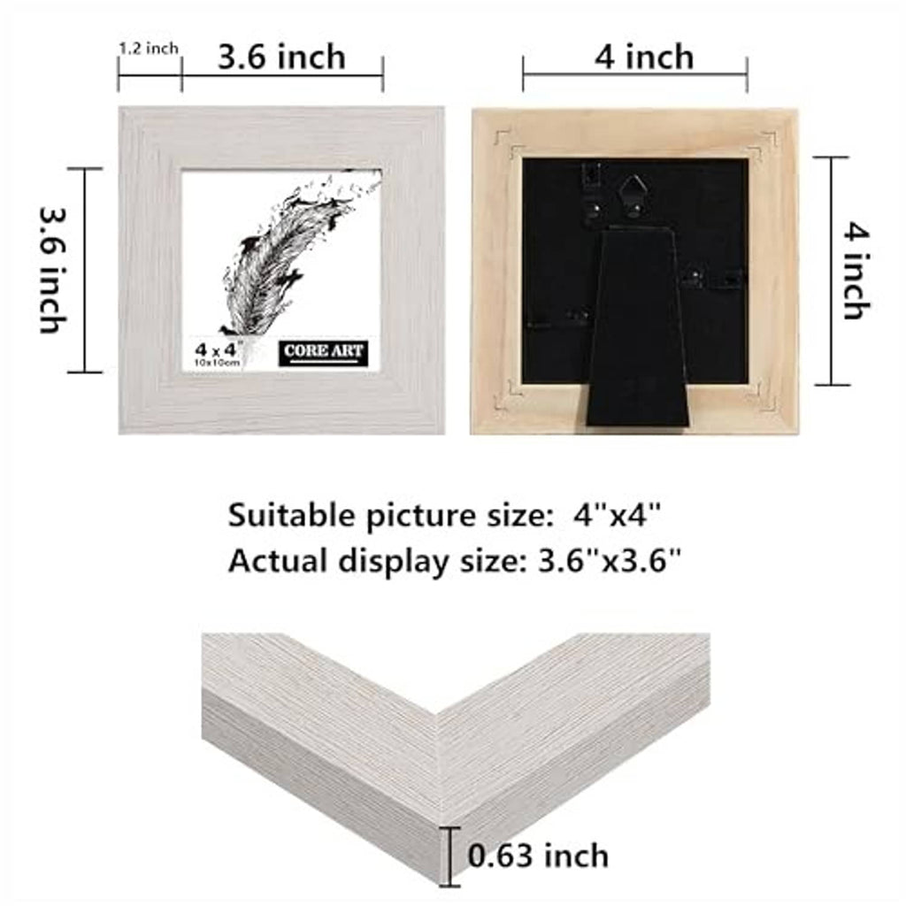 Rustic white distressed wood 4x4 picture frame, shows display size and thickness
