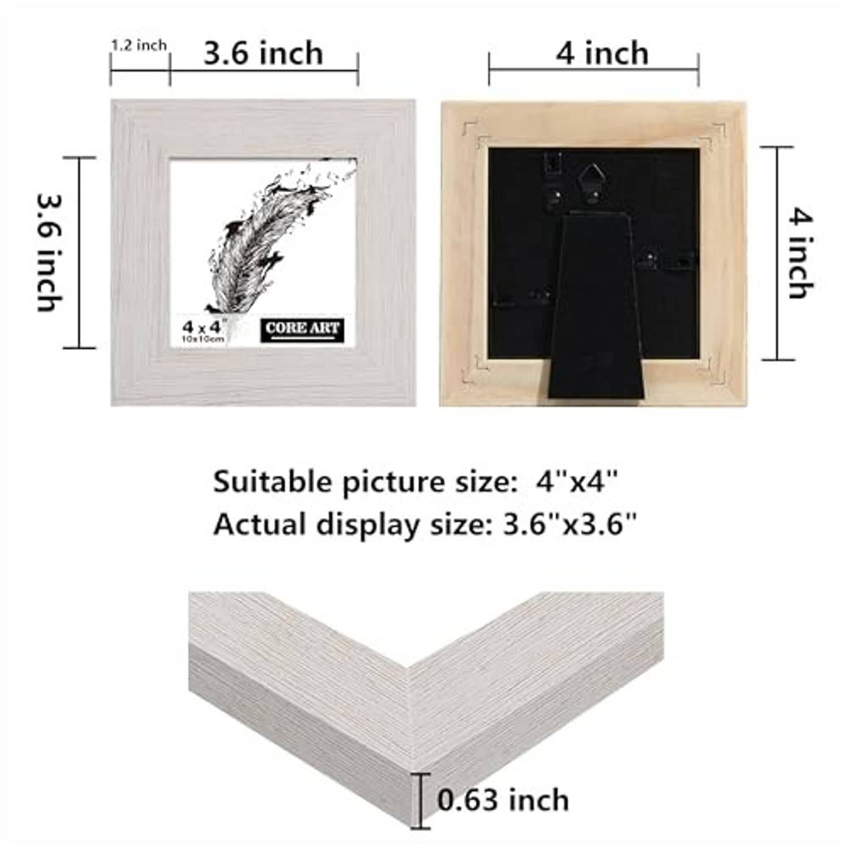 Rustic white distressed wood 4x4 picture frame, shows display size and thickness