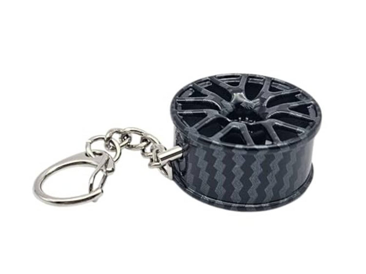 Carbon-fiber style wheel keychain with chain loop and key ring
