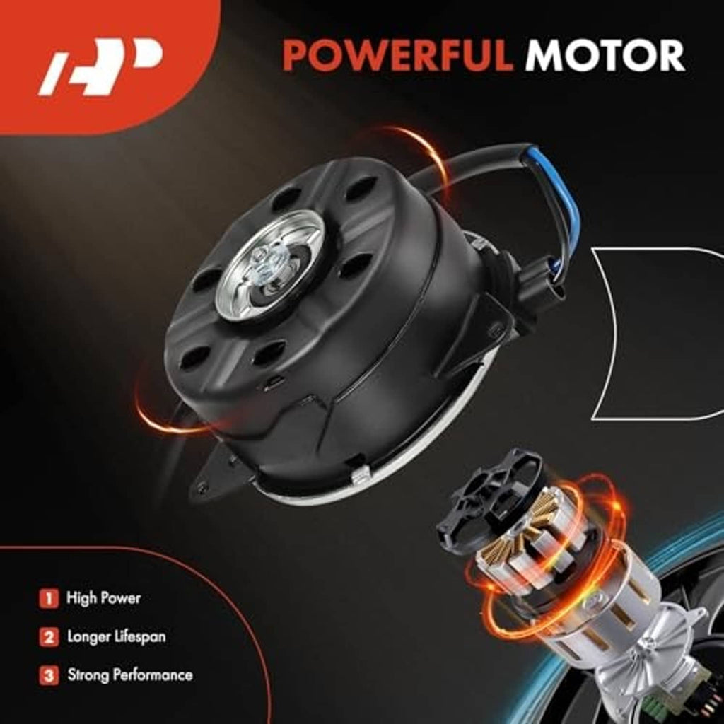 Radiator fan motor shown at an angle with blue and black wiring leads