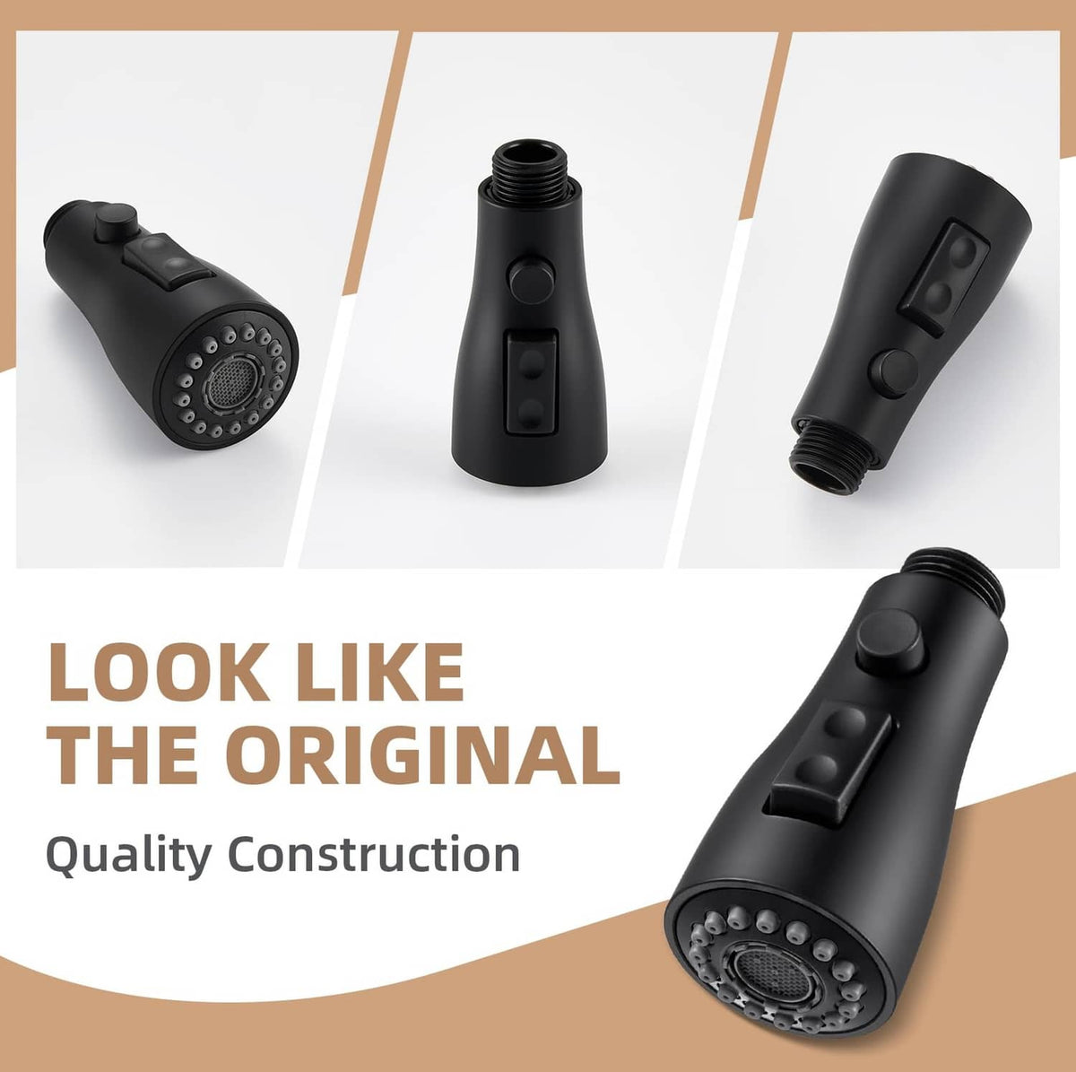 Matte black replacement sprayer head with button controls and round nozzle face