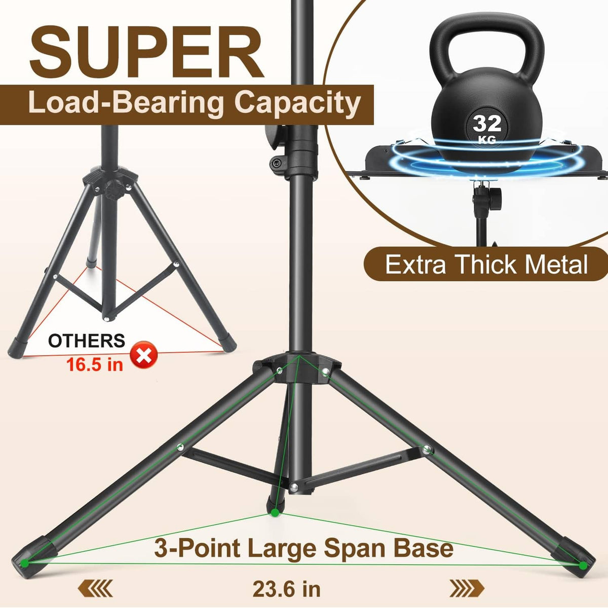 Black tripod music stand with extra-thick legs and three-point large base