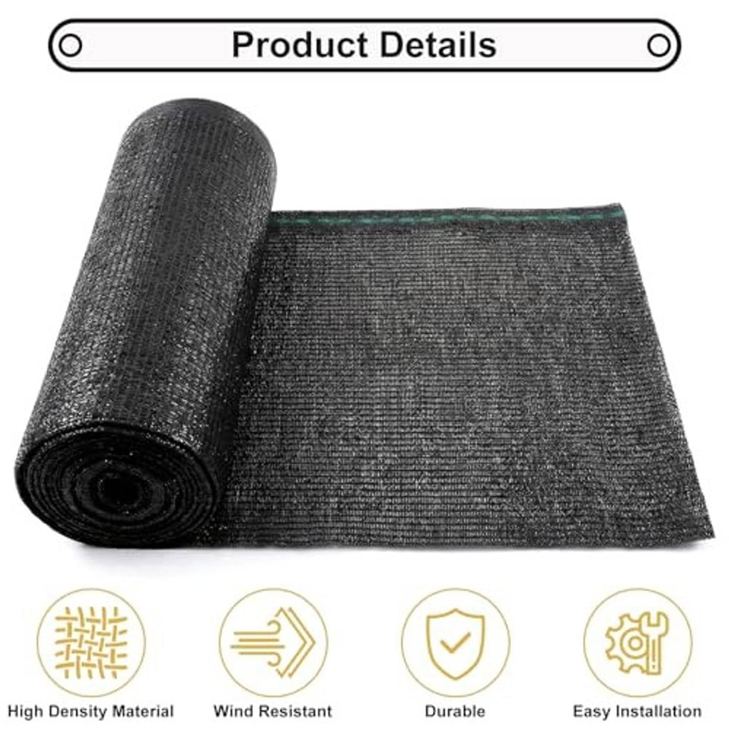 Dark gray shade cloth roll with open mesh texture and teal reinforcing trim at edge
