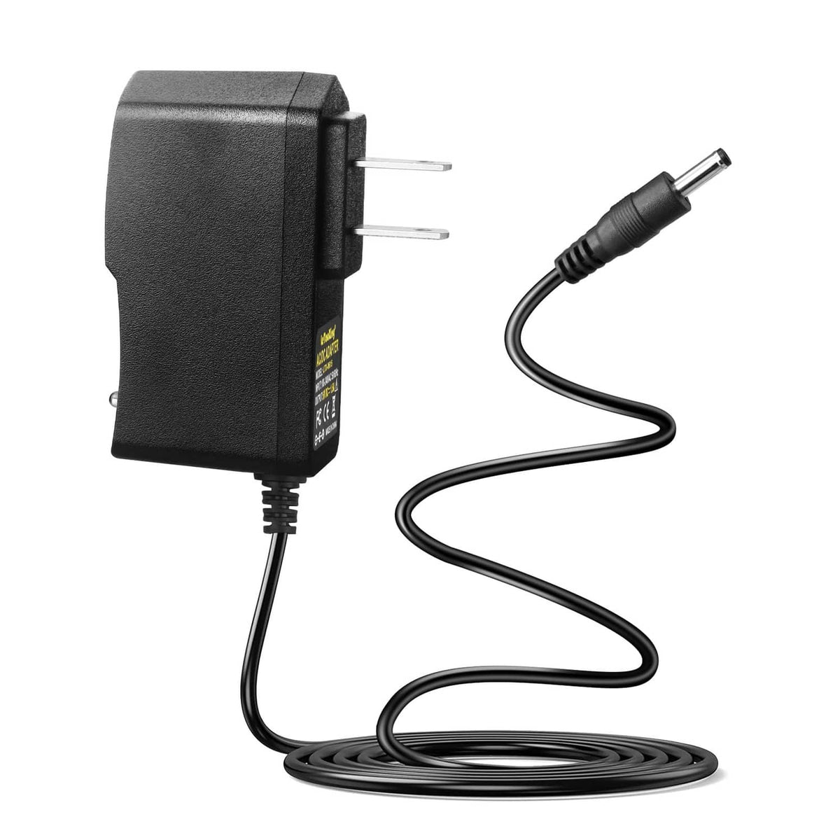 Black AC to DC power adapter with two-prong plug and 3.5mm x 1.35mm cable end