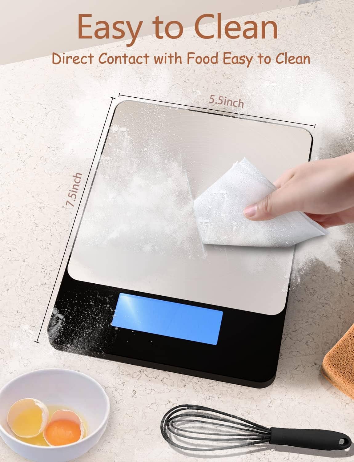 Digital food scale with stainless platform being wiped clean, blue LCD display visible.