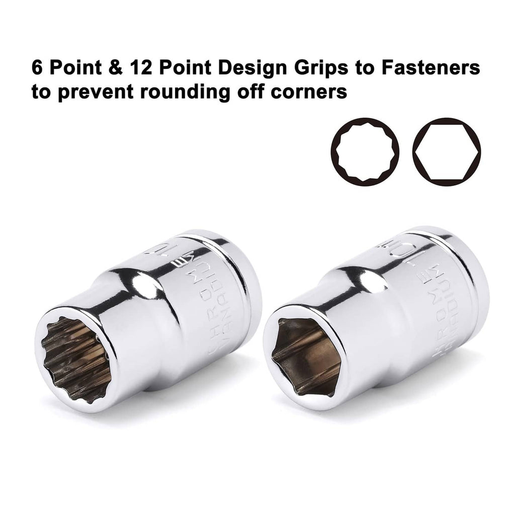 Chrome socket ends showing 6-point and 12-point grip profiles, shiny metal