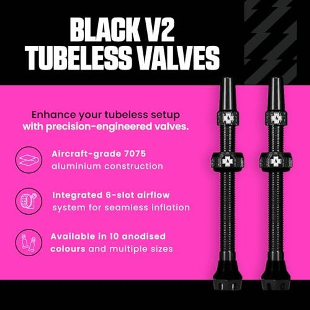 Pair of black tubeless Presta valves with attached bases and spare caps