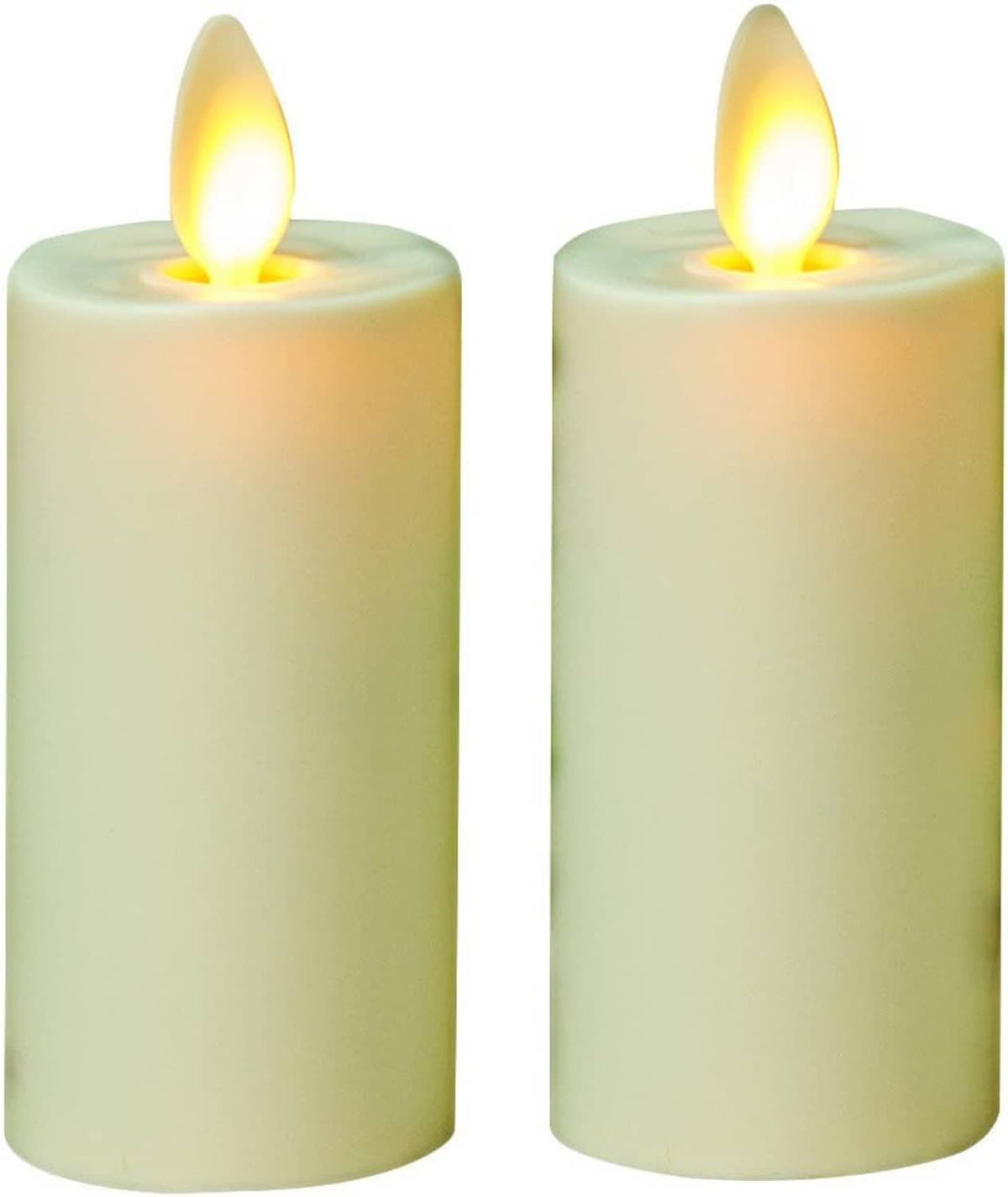 Set of two light ivory LED pillar votive candles with glowing flame tops