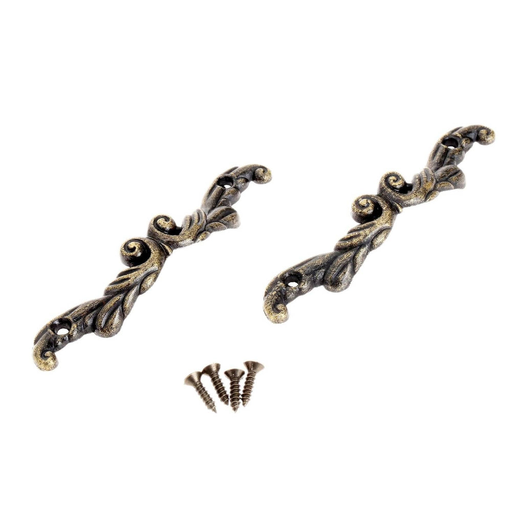 Ornate miniature drawer pull handles, two pieces, dark antique-brass with scroll detail