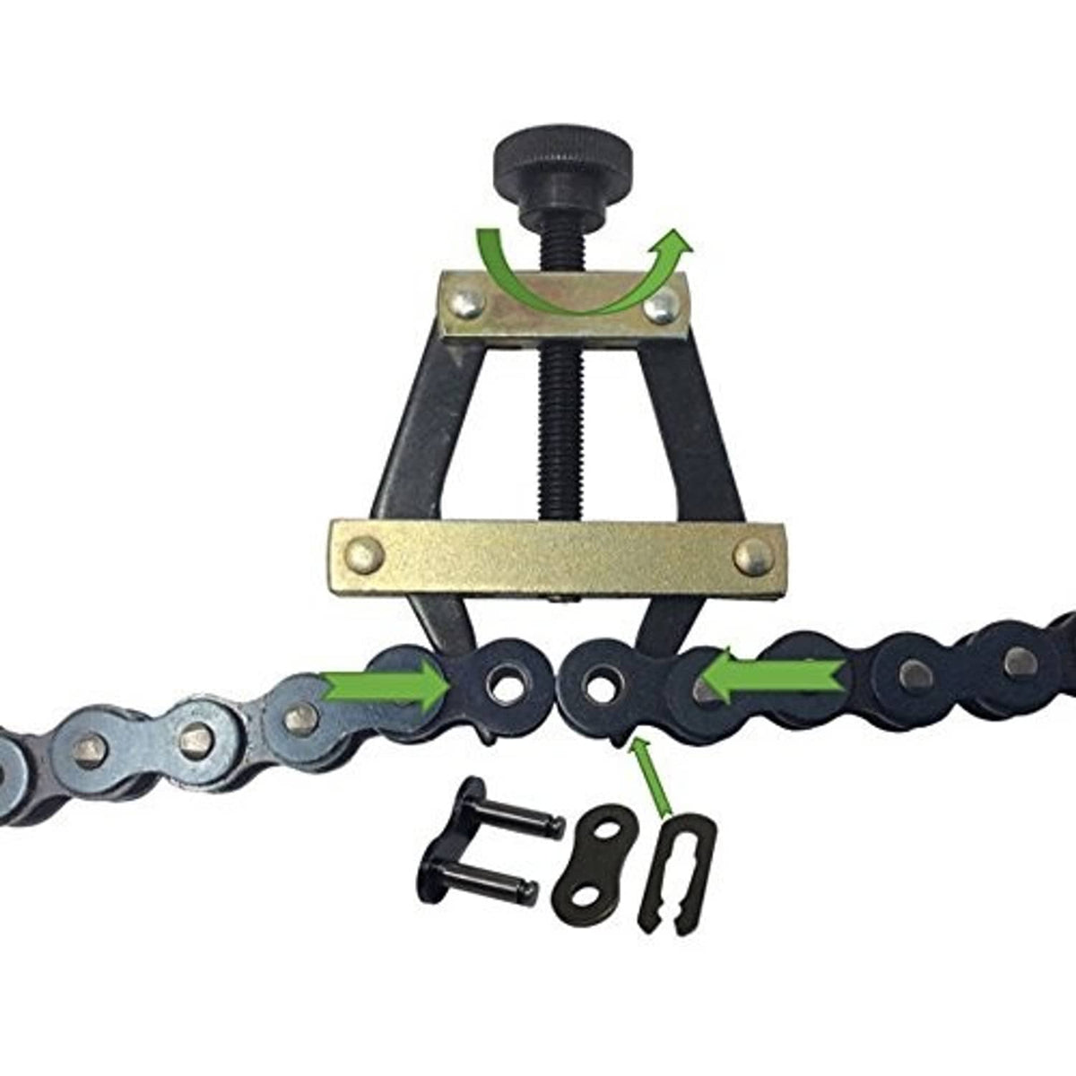 Roller chain connecting puller holder, black clamp, gold bar, threaded rod, included pins