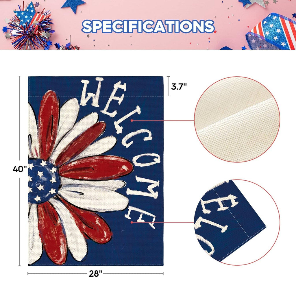 Patriotic house flag, 28x40 in, with red-white-blue flower and "WELCOME" lettering