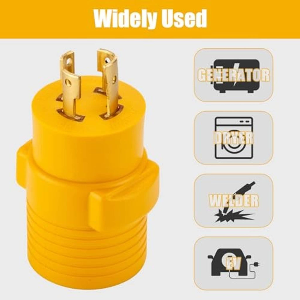 Yellow generator adapter plug with three prongs and grounding notch, close-up