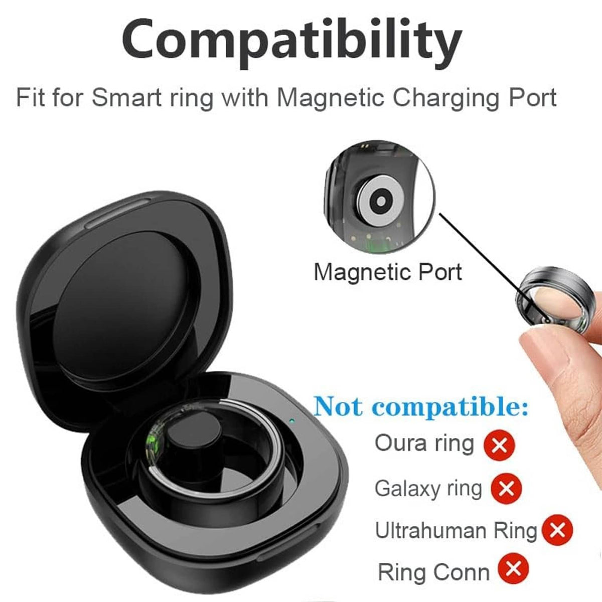 Magnetic smart ring charging case with magnetic charging port (compatibility graphic)