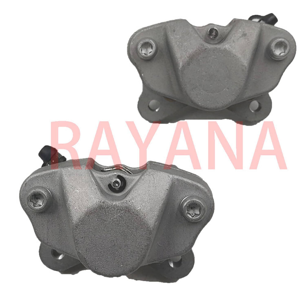 Front brake caliper set, gray metal bodies with round mounting holes and hydraulic fitting