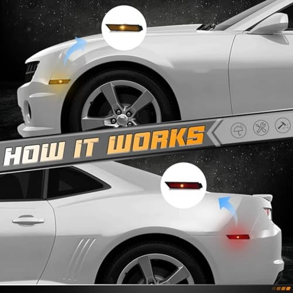 Smoked side marker lights glowing amber-red on white car fender area