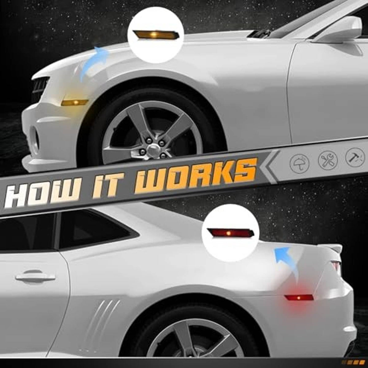 Smoked side marker lights glowing amber-red on white car fender area