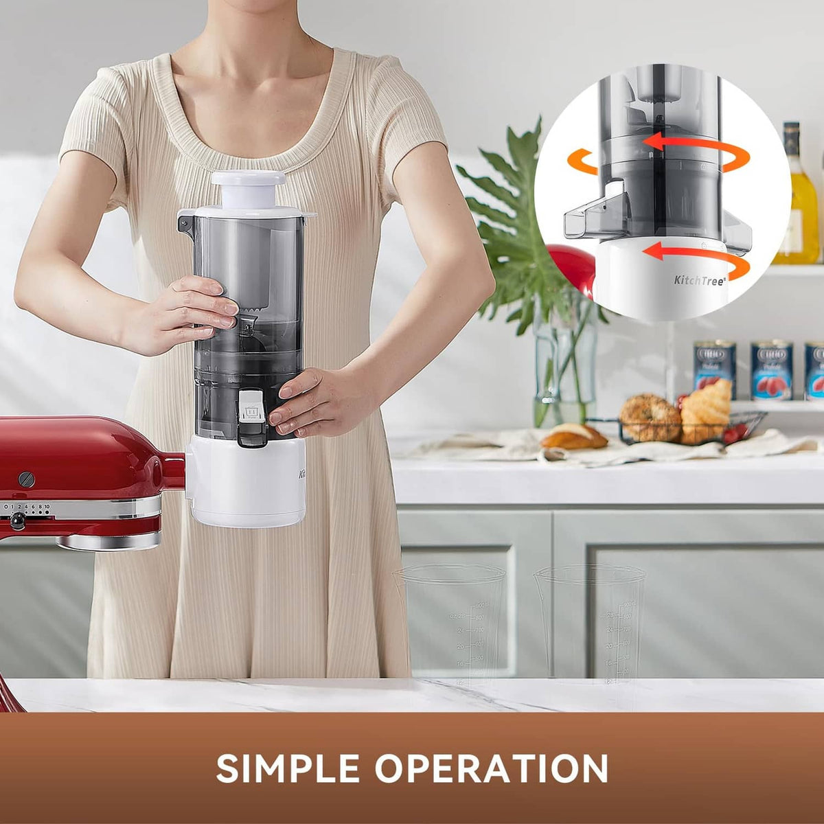KITCHTREE masticating juicer attachment with large hopper held by a user, white and red