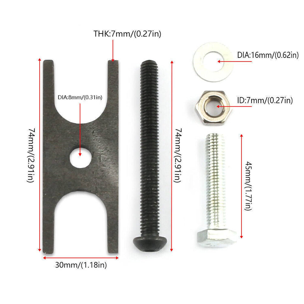 Valve spring compressor fork tool with threaded bolt, hex nut and pin detail
