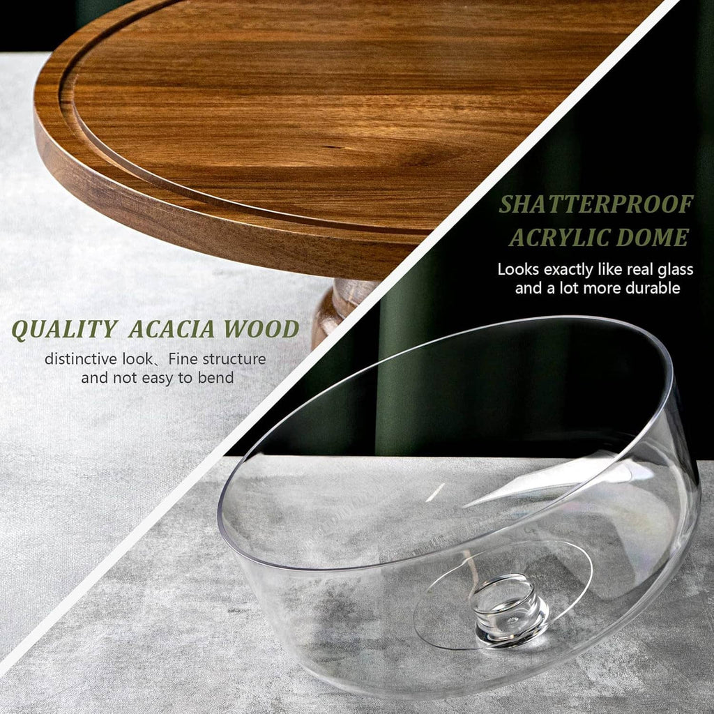 Acacia wood cake stand base with clear acrylic dome lid and protective knob