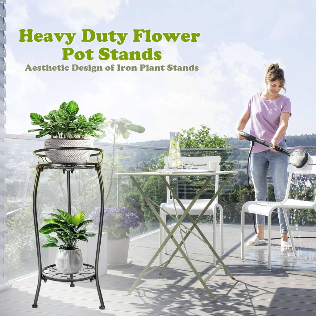 Black heavy-duty 2-tier metal plant stand with circular top shelf and scroll base
