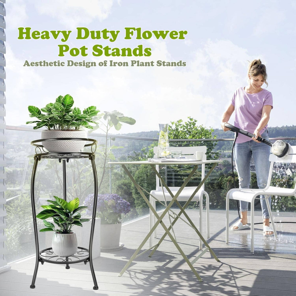 Black heavy-duty 2-tier metal plant stand with circular top shelf and scroll base