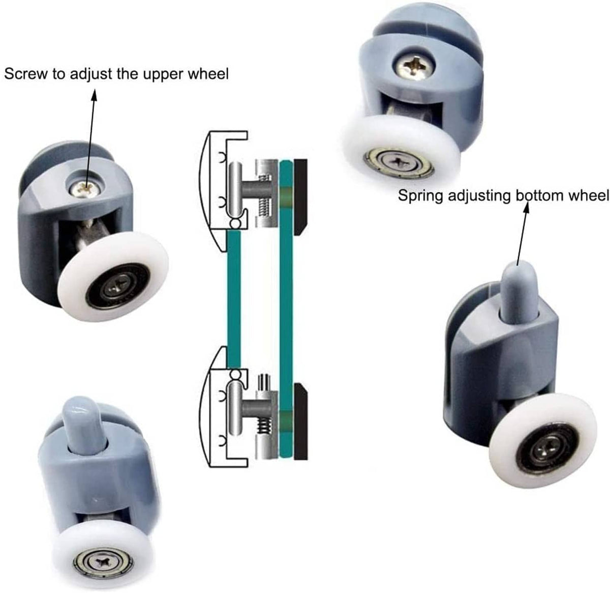 Gray shower door rollers with spring wheel adjuster and mounting hardware