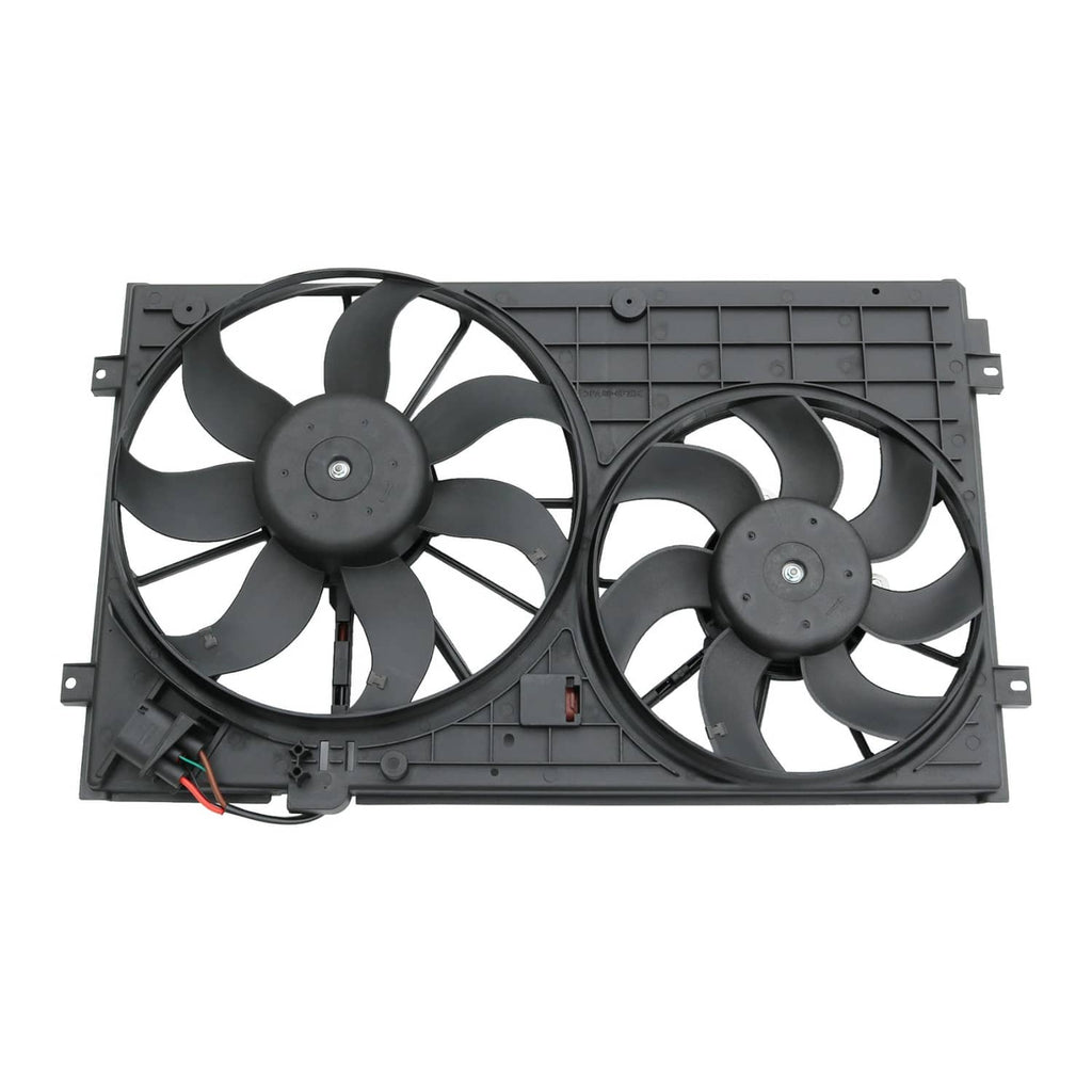 Dual radiator condenser fan assembly with two black plastic shrouds and blades