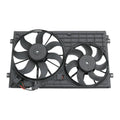 Dual radiator condenser fan assembly with two black plastic shrouds and blades