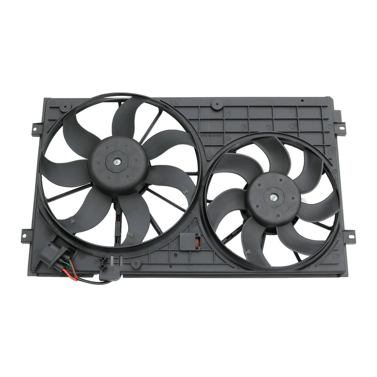 Dual radiator condenser fan assembly with two black plastic shrouds and blades