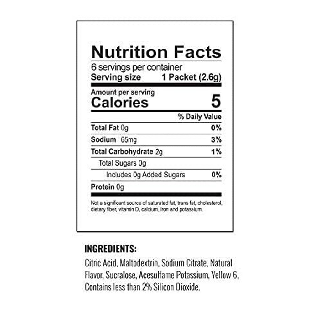 Nutrition Facts panel for sugar-free orange drink mix, 1 packet per serving