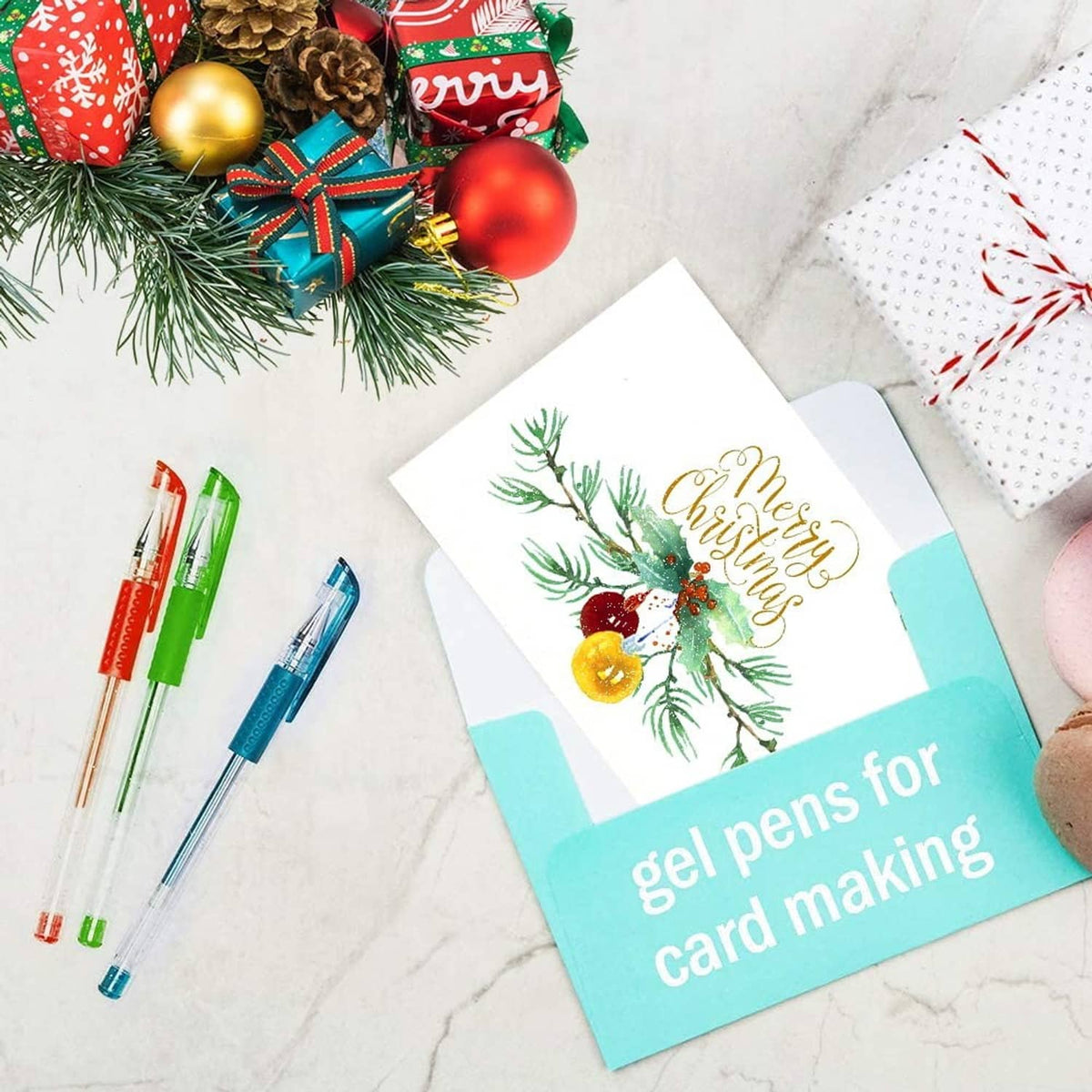 Gel pens for card making, colorful pen tips on craft paper and greeting card