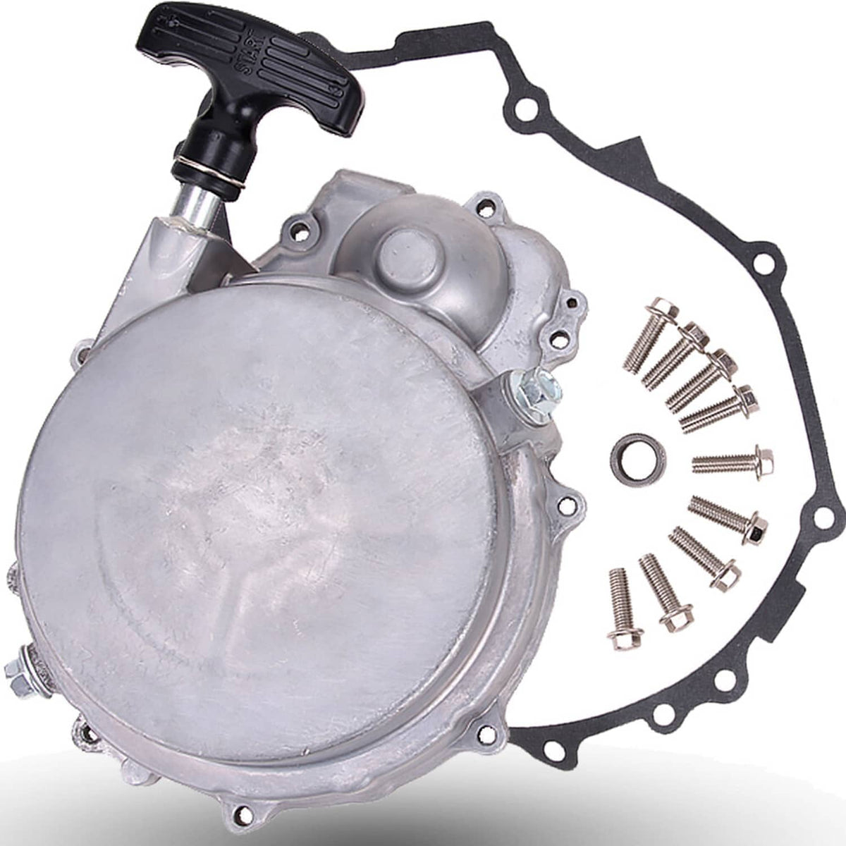 Recoil starter pull start assembly with metal cover, pull handle, screws and gasket