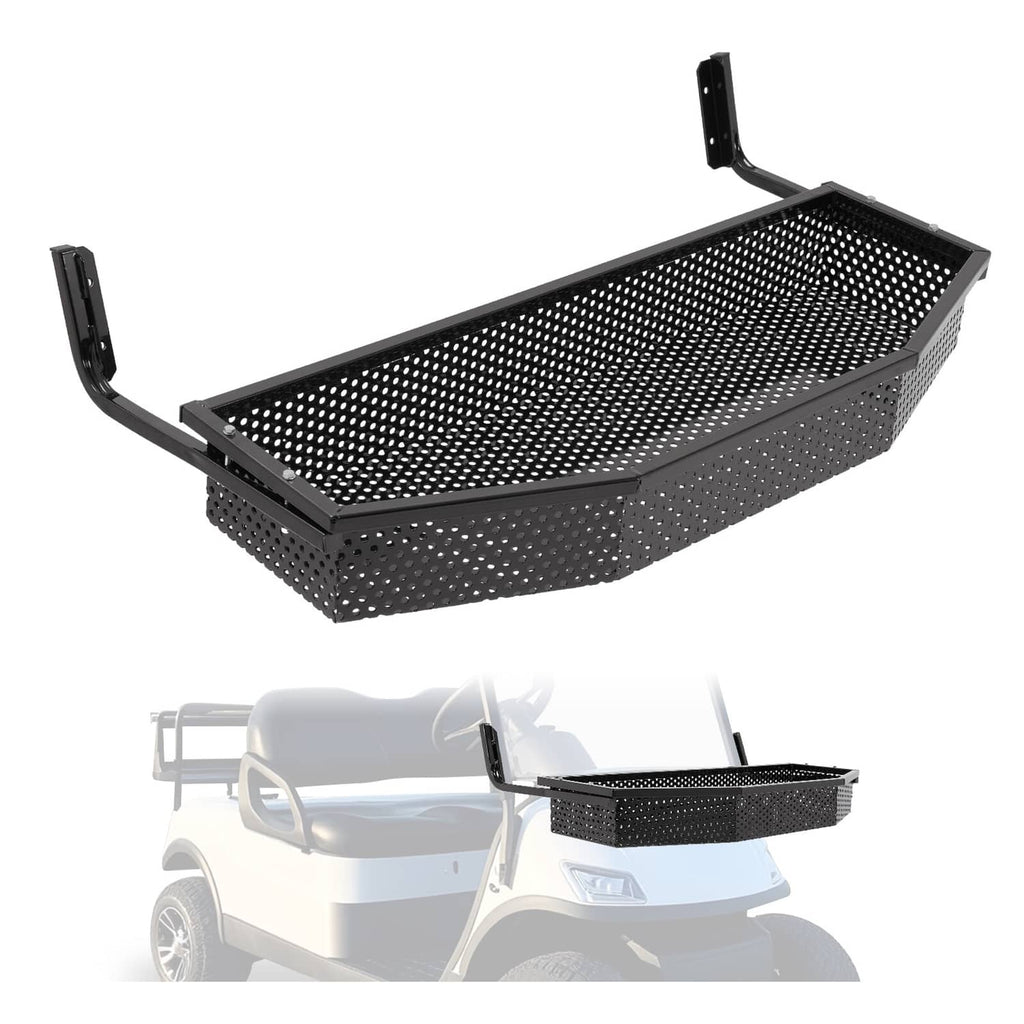 Front cargo basket with perforated mesh base and black mounting brackets