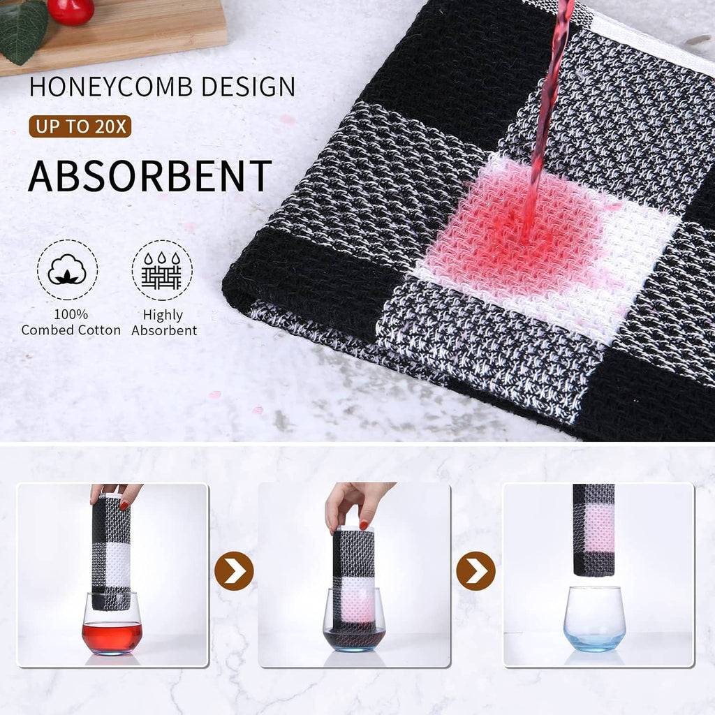 Black and white waffle weave kitchen towels with textured honeycomb pattern