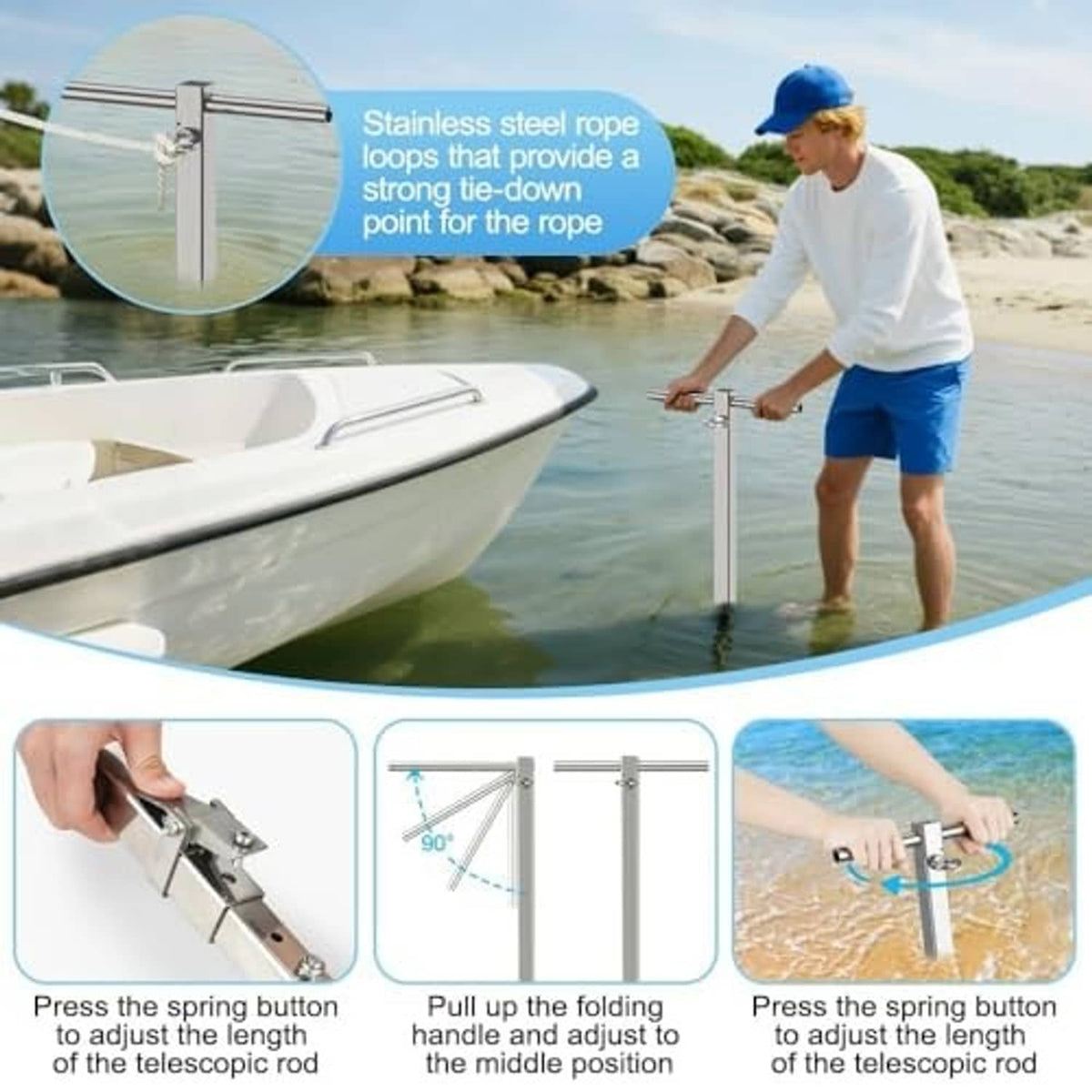 Stainless steel sand anchor with rope loops and spring-button telescopic rod