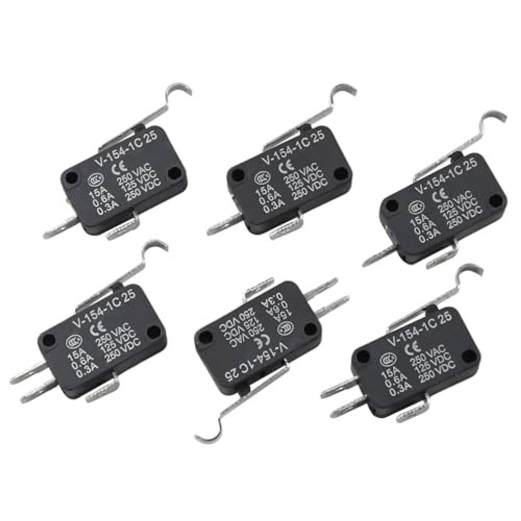 Pack of black 3-prong micro switches with metal tabs and visible rating markings