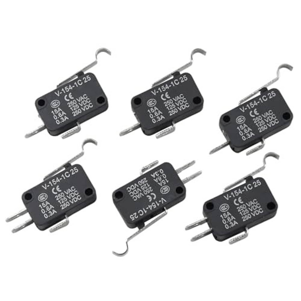 Pack of black 3-prong micro switches with metal tabs and visible rating markings