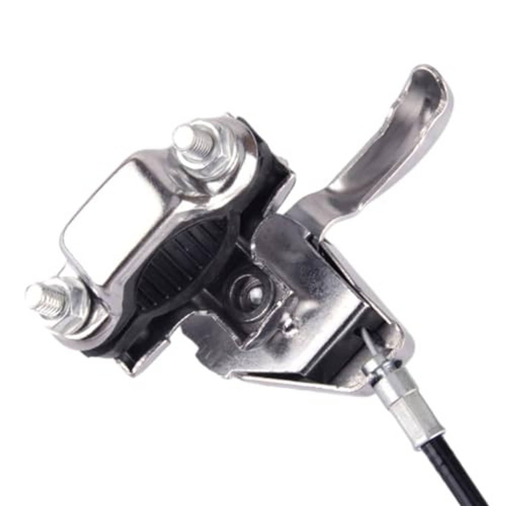 Metal throttle lever clamp with black rubber insert and bolt hardware for cable