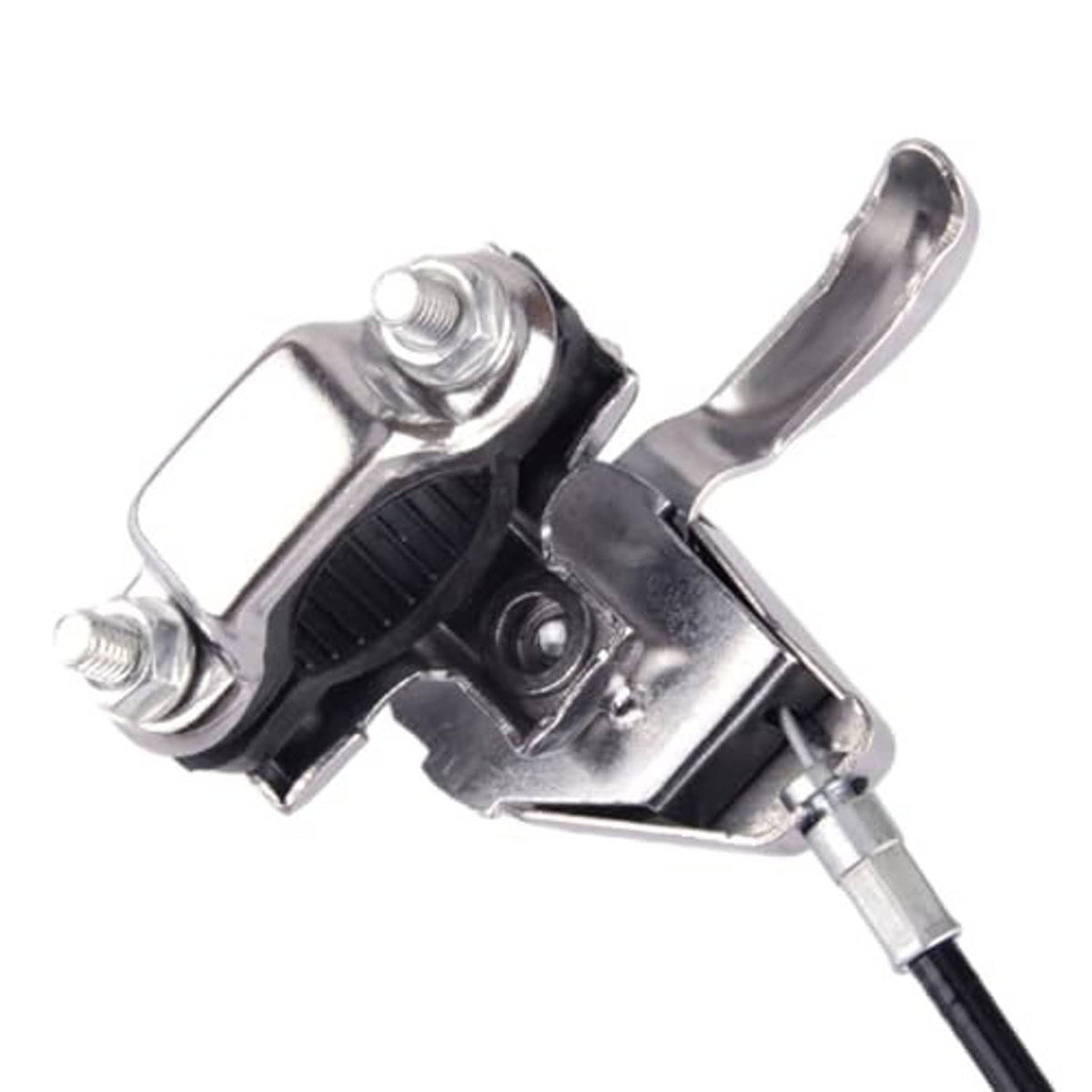 Metal throttle lever clamp with black rubber insert and bolt hardware for cable