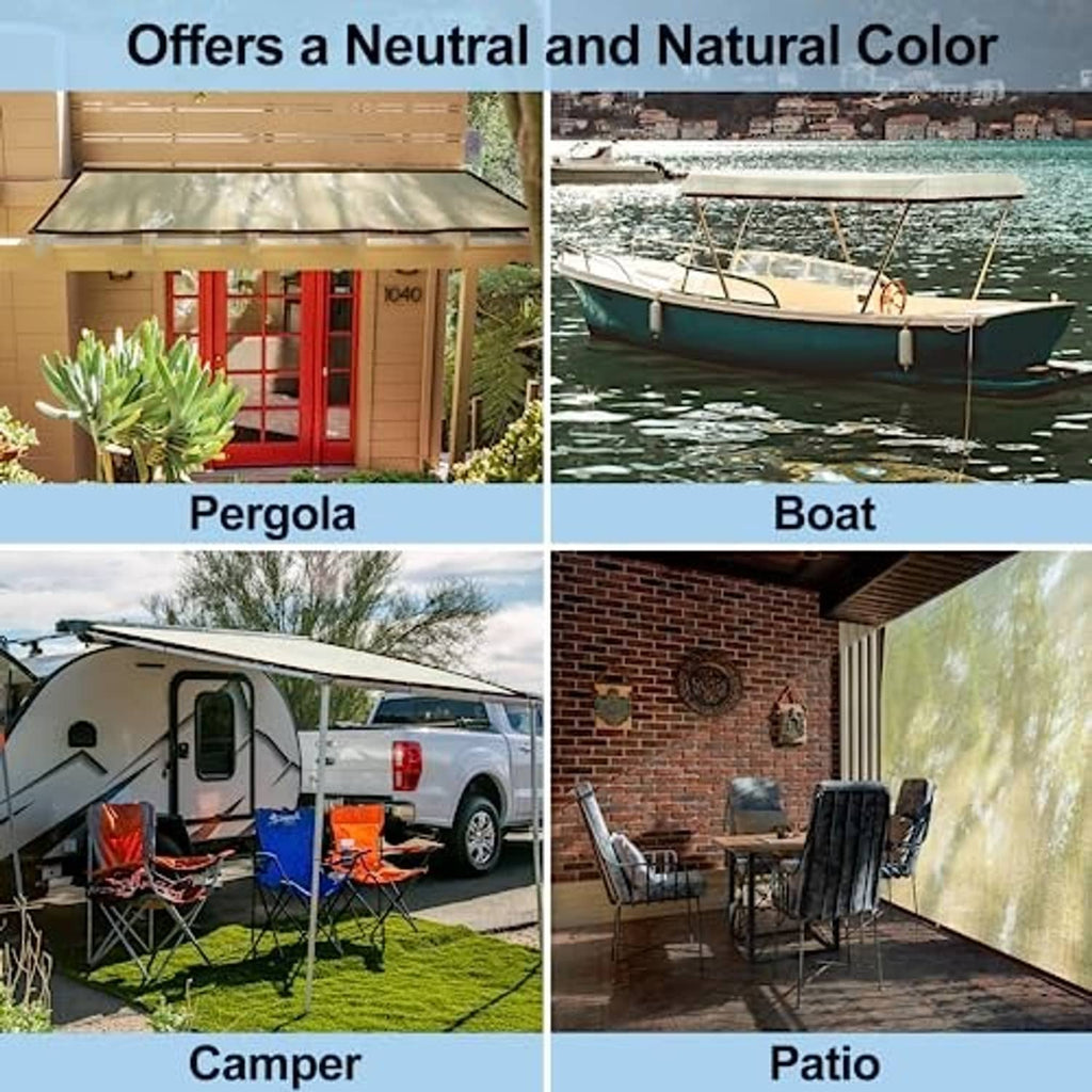 Beige outdoor sunshade cloth shown on patio pergola and other outdoor setups