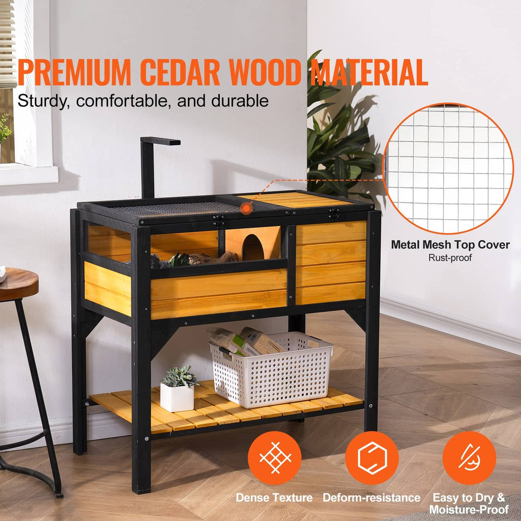 Wood and black reptile habitat with sliding front door, mesh top, and lower storage shelf